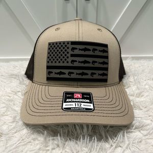 Laser engraved American flag fish. Richardson 112 trucker hat.